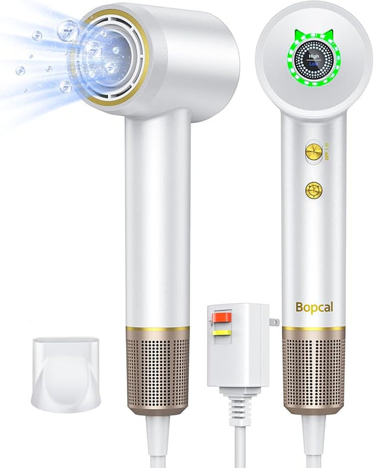 Bopcal Ionic Hair Dryer, 160000 RPM Brushless Motor, Smart Thermo-Control, Negative Ion Fast Drying, Quiet Lightweight Blow Dryer, Cold Air & 4 Heat Settings, for Home Travel Salon, White