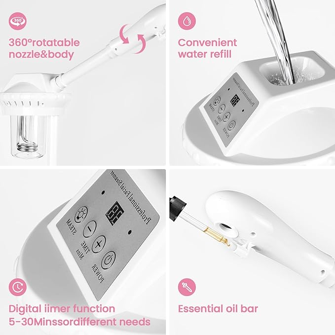 Facial Steamer Professional, Facial Steamer on Wheels with Storage Platform, Face Steamer with More Steam for Deep Cleansing and Hydration, Estheticians Steamer for Beauty, Spa and Home Use（White）