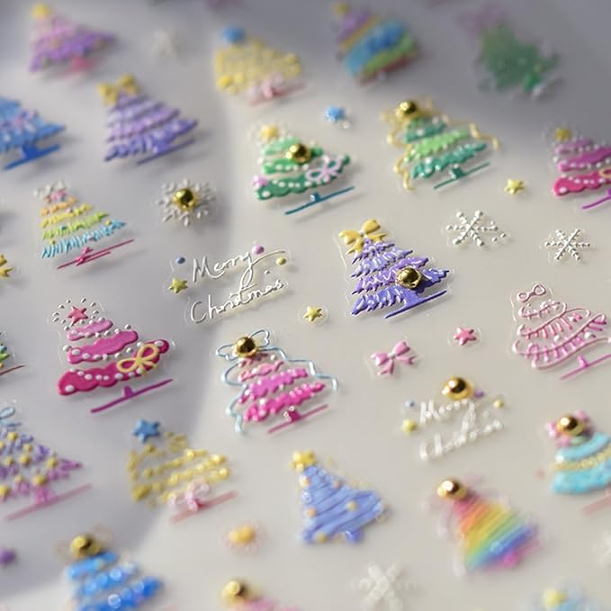 Christmas Nail Art Stickers 5D Embossed Colorful Xmas Tree Nail Decals with Gold Pearl 1PCS Xmas Tree Snowflake Star Design Christmas Nail Art Supplies Manicure Sliders for Women DIY Nail Decorations