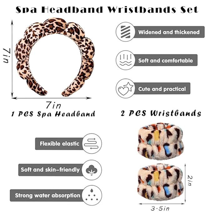 Spa Headbands for Washing Face Wristband Set Sponge Makeup Skincare Headband Wrist Towels Bubble Soft Terry Towel Cloth Hairband for Women Puffy Headwear Non Slip Thick Thin Hair Headwear (Leopard)