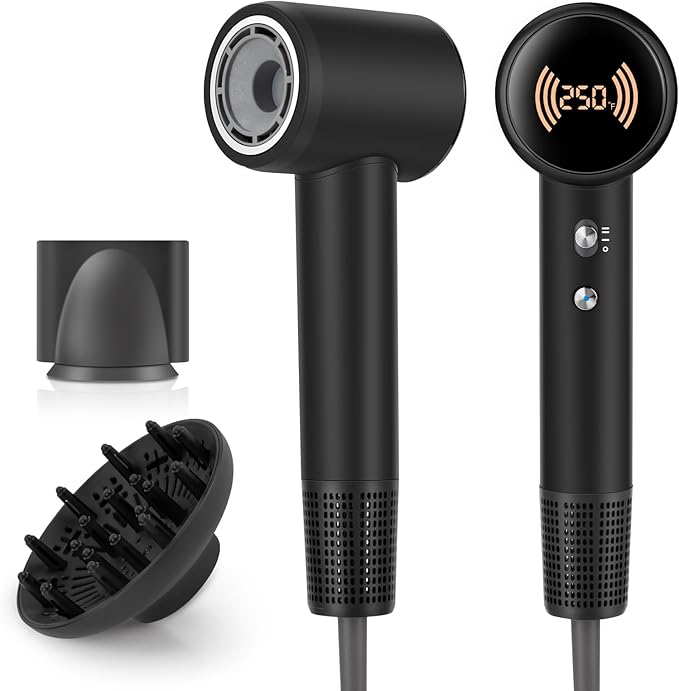 Hair Dryer,Travel Hair Dryer with Diffuser,110000 RPM High Speed Ionic Blow Dryer,Temperature Display,Low Noise&Lightweight Blow Dryer,Fast-Drying,No Heat Damage,Suitable for All Hairstyles(Black)