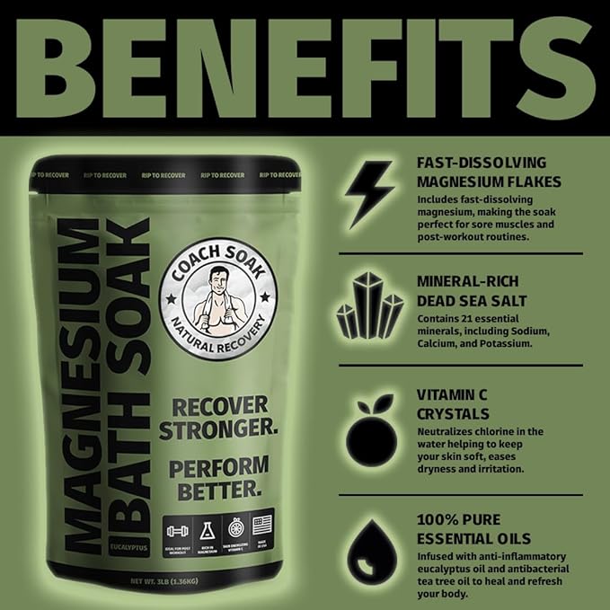 Coach Soak Recovery Bath Soak - Alternative to Epsom Salt Bath Soak - Fast-Absorbing Pure Magnesium Flakes & Dead Sea Salt with 21 Minerals, Bath Salts & Essential Oils - 3 lb, Eucalyptus Tee Tree