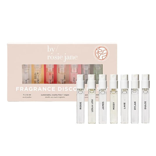 By Rosie Jane Discovery Mini Perfume Set - 7 Piece Travel Size Gift Set - Includes Scents Missy, Dulce, Leila Lou, James, Lake and Dylan - Clean Perfume for Women (7 Count)