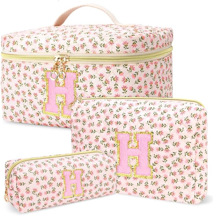 3 PCS Travel Makeup Bag Set,A-Z Initials Cotton Make up Bag Floral Quilted Cosmetic Bag for Girls and Women,Personalized Christmas Gifts,Cute Toiletry Travel Accessories Brushes Bags-H