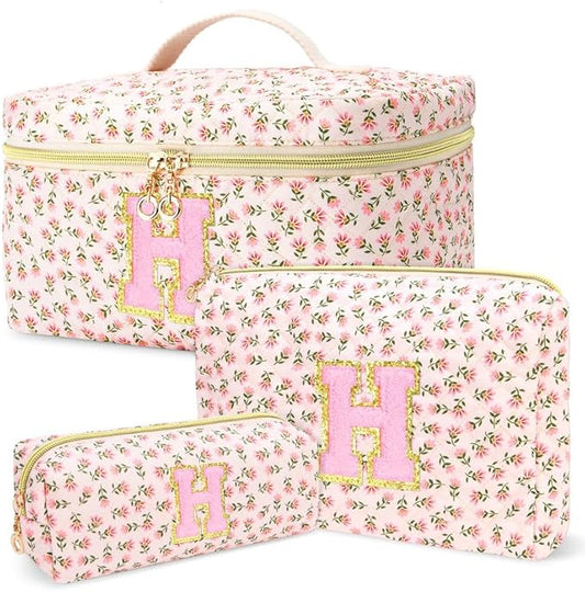 3 PCS Travel Makeup Bag Set,A-Z Initials Cotton Make up Bag Floral Quilted Cosmetic Bag for Girls and Women,Personalized Christmas Gifts,Cute Toiletry Travel Accessories Brushes Bags-H