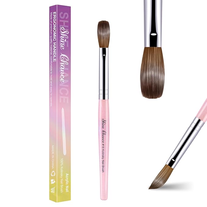 Acrylic Nail Brush Size 18, 100% Pure Kolinsky Nail Brush for Acrylic Application, Professional Nail Extension Manicure Tool Nail Drawing Pen for DIY Home Salon(Pink)