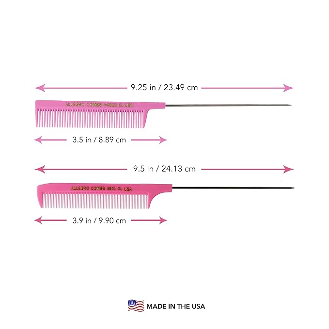 Allegro XL Pintail Rat Tail & Parting Combs - Metal Tail Foiling & Pin Combs (2 Pc., PINK)