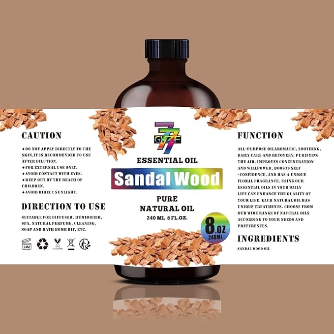 Sandalwood Essential Oil (8 oz / 240 ml) – Sandalwood Oils for diffusers, humidifiers, Home Baths, Cleaning Products, Yoga, DIY Soaps and DIY Scented Candles