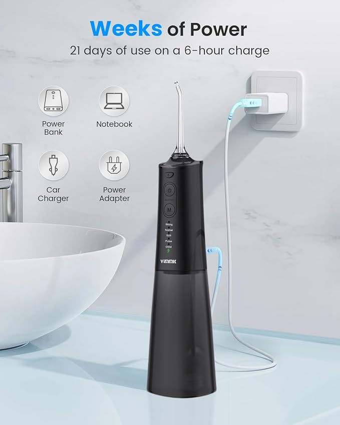 Water Flosser, Cordless Water Dental Flosser, 9 Jet Tips 5 Modes 300ML IPX7 Waterproof, Portable Rechargeable Oral Irrigator for Home Travel - Gums, Orthodontic, Braces Care - Black