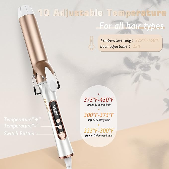 1 1/2 inch Curling Iron, Dual Voltage Large Hair Curling Iron Heat up to 450°F, Professiona Curling Wand Ceramic Tourmaline(Champagne Gold)