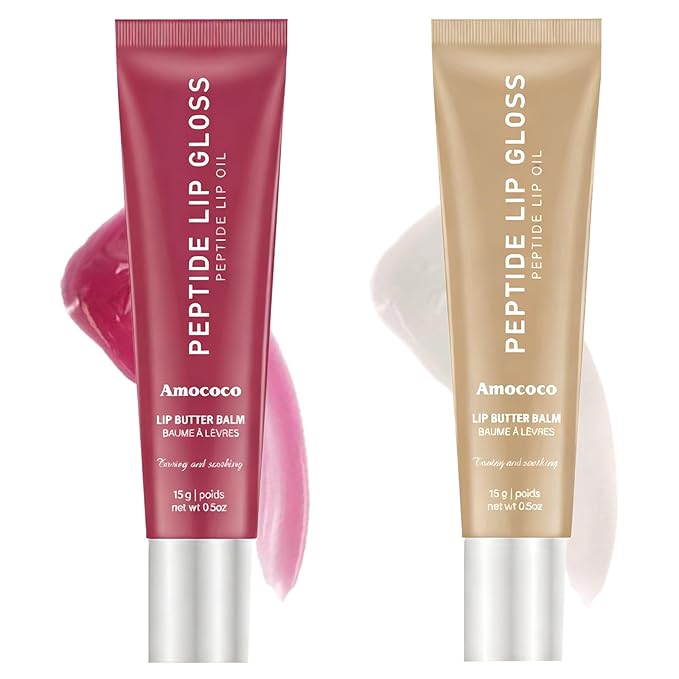 Peptide Lip Gloss Balm for Moisture & Shine, Hydrating Lip Butter Balm with Hyaluronic Acid & Shea Butter, 0.5oz (02# & 05#)