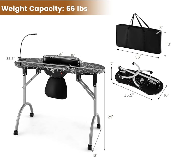 Giantex Nail Table for Nail Tech, Portable Manicure Table with Electric Dust Collector, USB-Plug LED Lamp, Wrist Rest, 4 Lockable Wheels, Foldable Nail Desk with Carry Bag (Black)