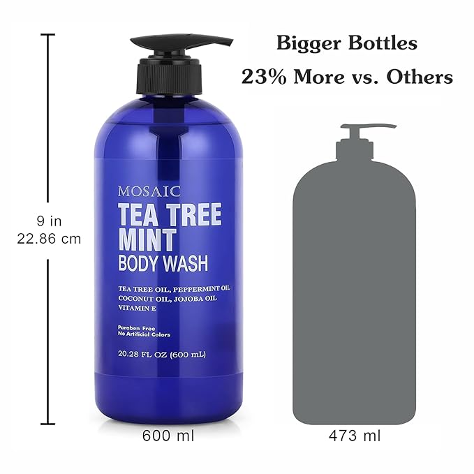 Tea Tree Body Wash with Mint & Shower Gel with Vitamin E for Jock Itch, Eczema, Ringworm, Body Odor, Body Wash Women & Men with Added Body Oils,LARGE 20.2 FL Oz Bottle (Tea Tree Mint, Pack of 3)