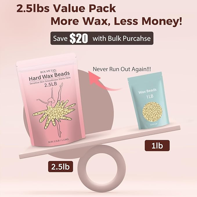 Hard Wax Beads, Bouvetan 2.5lb Wax Beans for Hair Removal, Sensitive Skin, Ideal Hair Removal Waxing Beads for Bikini, Legs, Eyebrow, Facial, Brazilian, Full Body