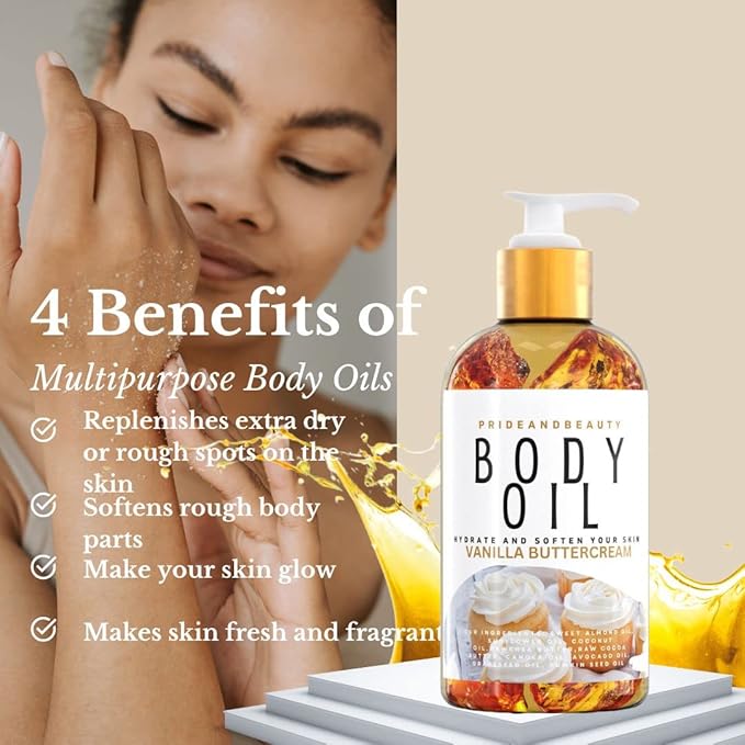 PrideandBeauty After Shower Oil. Skin Hydrating Oil. Body Oil Scented. Body Oils For Women Dry Skin. (Vanilla Buttercream) (8 OUNCES, Vanilla Buttercream)