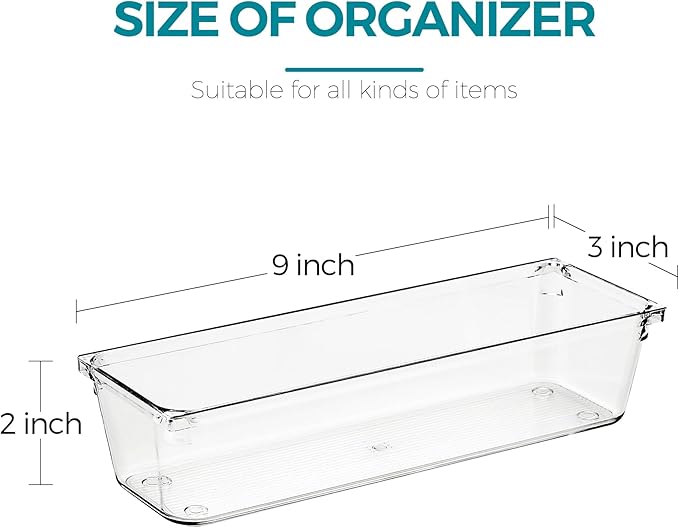 6 Pack Drawer Organizer - 3" X 9" Clear Acrylic Storage Bins with Non-Slip Pads, Versatile Desk Tray for Makeup, Jewelry, Kitchen, Bathroom, and Office Organization