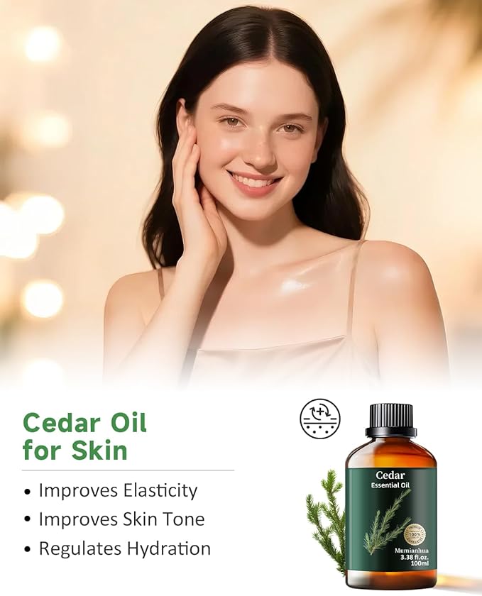 Pure Cedarwood Essential Oil, Mumianhua Natural Cedarwood Oil for Hair, Skin, Diffuser, Aromatherapy, Bedroom Atmosphere, Woodland Aroma, Evening Diffusion, Soap Making, Blends 3.38 Fl Oz