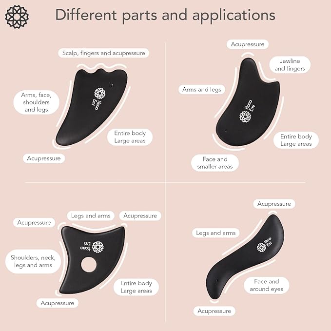 LUONKOS Gua Sha Facial Tools - Set of 4 Black - Large Bian Stone Guasha Tool for Body Massage - Lymphatic Drainage Massager with Polished Edges Glide Effortlessly for Daily Aesthetic Skincare Routine