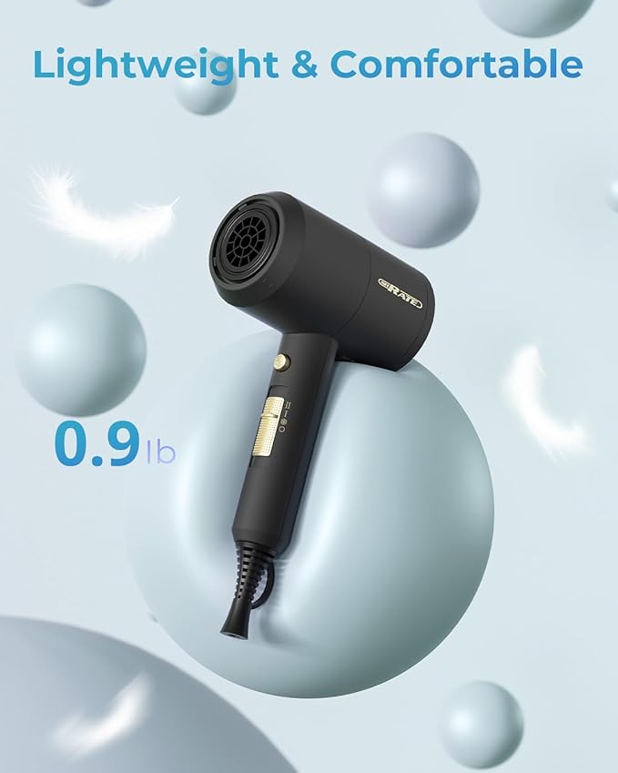 SHRATE Lightweight Ionic Hair Dryer with Diffuser - Powerful 1800W Blow Dryer for Fast Drying - Professional Low Noise Mini Hair Dryer for Travel, Gifts, Hair Styling (Black)