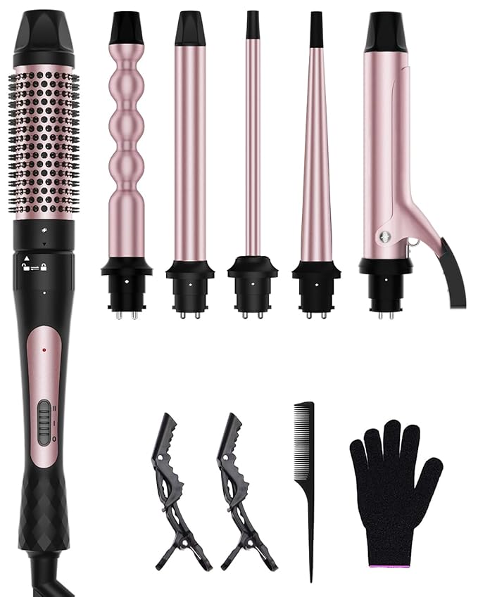 6 in 1 Curling Iron, Curling Wand Set with Thermal Brush (1.5inch) & 1inch Bubble Wand Curler and 3 Interchangeable Ceramic Barrel (0.35"-1.25"), Instant Heat Up with Comb & Protective Glove & 2 Clip