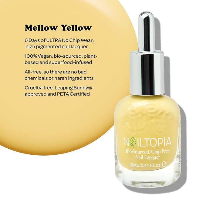 Nailtopia - Plant-Based Chip Free Nail Lacquer - Non Toxic, Bio-Sourced, Long-Lasting, Strengthening Polish - Mellow Yellow (Pastel Yellow) - 0.41oz