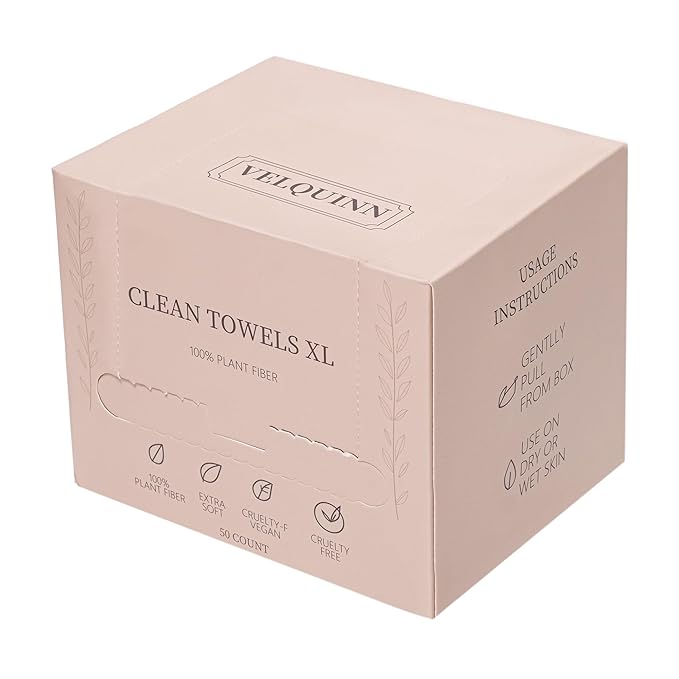 Velquinn Ultra Soft Face Towels, 100% Organic, Biodegradable, Hypoallergenic, Dermatologist Tested | 50 Count Pack for Daily Gentle Cleansing Pure - Eco-Luxurious Skincare You Can Trust