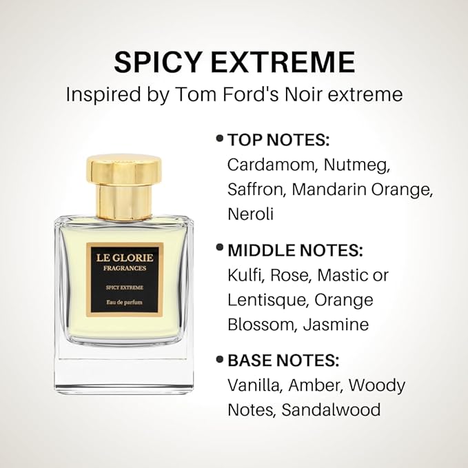 Inspired by T ford's Noir extreme, Spicy Extreme EDP, Long Lasting 12-14 Hours Perfume Spray for Women, Men, Unisex, All Skin Types, Cruelty Free - 1.7oz 50ml