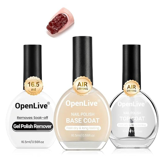 3PCS 16.5ml Quick Dry Base and Top Coat Nail Polish and Gel Remover Set, Base and Top Coat No U V Lamp Curing, Gel Polish Remover for Quick and Easy Removal At Home
