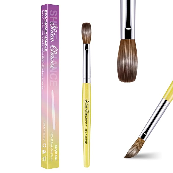 Acrylic Nail Brush Size 14, 100% Pure Kolinsky Nail Brush for Acrylic Application, Professional Nail Extension Manicure Tool Nail Drawing Pen for DIY Home Salon(Yellow)