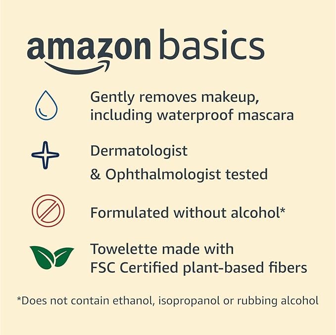 Amazon Basics Makeup Remover Wipes, Gentle Cleansing, Dermatologist Tested, Night Calming, Plant Based, Alcohol-Free, Removes Waterproof Mascara, 25 Count Per Pack, Pack of 1