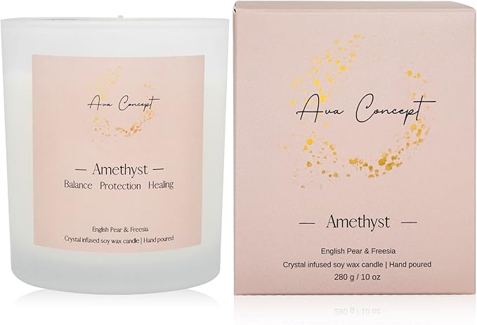 Healing Crystal Candle, Scented Candle Infused Amethyst and Clear Quartz Crystals, English Pear&Freesia Scented,Positivity Energy Wellness, Gift for Women Aromatherapy Clean Vegan 10Oz Jar