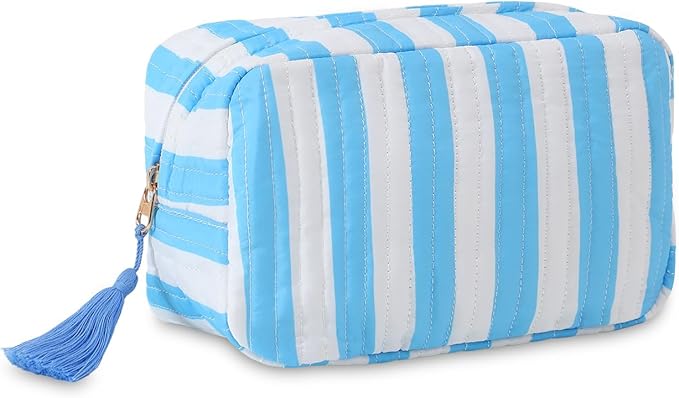 Quilted Makeup Bag for Women, Stripe Cosmetic Pouch with Tassel Zipper Travel Toiletry Organizer (White-Blue)
