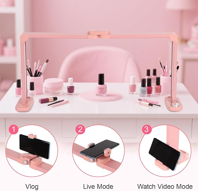 34in Half Moon Light for Nail Desk, Foldable LED Lamp for Nail Art, Tattooing, Craft Making, Stepless Dimming, 3000-6000K Color Temperature Adjustment, 456 Light Beads, Pink