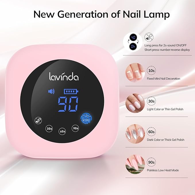 Lavinda UV LED Nail Lamp 54W Cordless Gel Nail Light, Rechargeable UV Lamp for Nails, Professional LED Nail Dryer with Timer & Display for Gel Nails Salon Home Use Matte Macaron Pink