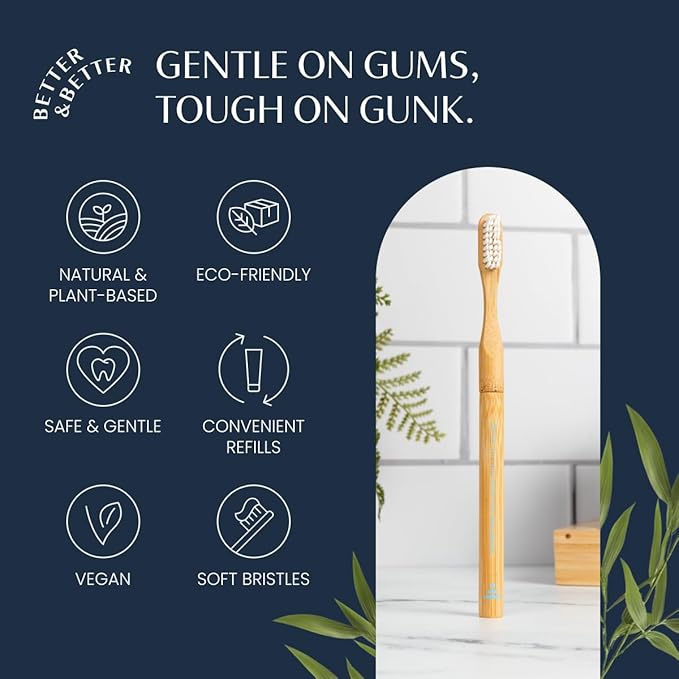 Better & Better Natural Bamboo Toothbrush | Soft Bristles | 100% Plant-Based | Reusable Handle and Replaceable Brush Head | Eco-Friendly, Zero Plastic | Adult Size, White