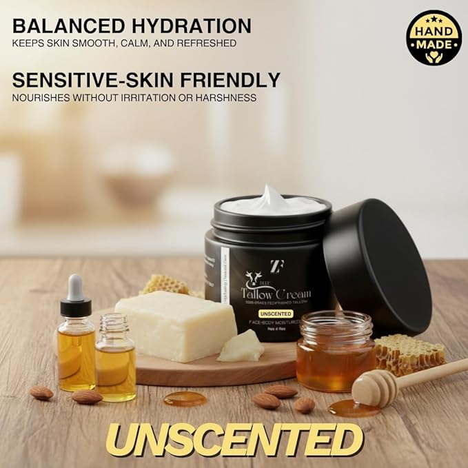 ZF 100% Grass Fed Beef Tallow for Skin Care - Face + Body - Natural Organic Lotion - Whipped Moisturizer for Sensitive Skin 4 FL. oz. (Unscented)