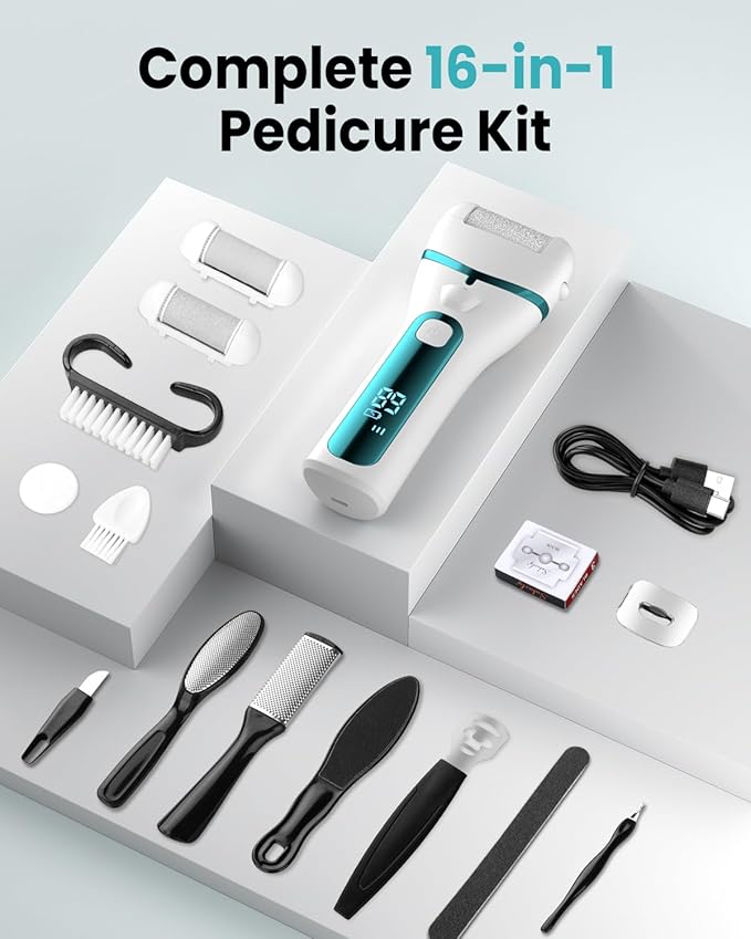 PUBOO Foot Callus Remover Electric 10000 RPM 3-Speed IPX7 Rechargeable Pedicure Kit for Hard Skin Women & Men. Portable Multi-Roller File Grinder Sander Scrubber with LED Display for Wet & Dry Feet