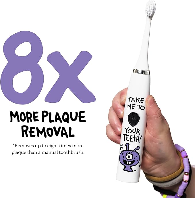 Made by Dentists Kids Electric Toothbrush - Rechargeable Vibrating Toothbrush with Timer, Includes 6 Replacement Heads, Gently Cleans Teeth, Girls and Boys, Kid & Toddlers Age 2+, Alien