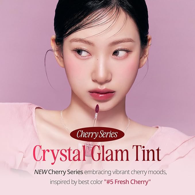 CLIO CRYSTAL GLAM TINT (CHERRY SERIES 025 DARK CHERRY), Glossy Finish, Lightweight, Buildable, Glass-Like, Smoothing, Long-Lasting, Vivid, Transparent, Shiny, Moisturizing Lip Stain, Korean Lip Tint