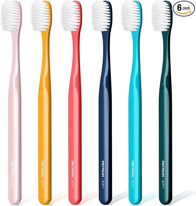 Medium Manual Toothbrush Pack, 6 Count, Deep Cleaning Flossing Toothbrushes for Sensitive Teeth & Receding Gums, Tapered Bristles for Adults & Elders, Help Plaque Removal, Assorted Colors