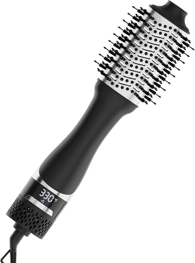 Hair Dryer Brush with Display Screen, Blow Dryer Brush for Women Fast Drying & Styling | Oval Ceramic Barrel, Negative Ion Technology, 3 Heat & 3 Speed Settings, Cold Shot, ALCI Plug (Black & Silver)