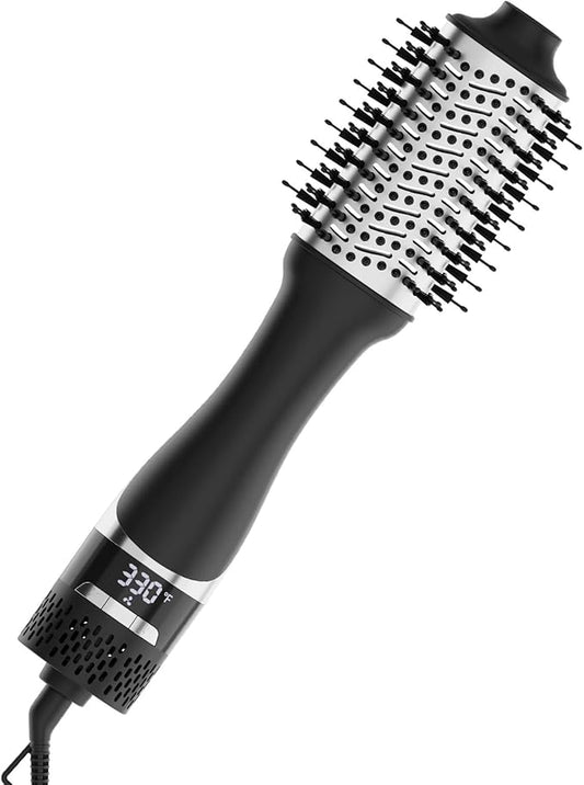 Hair Dryer Brush with Display Screen, Blow Dryer Brush for Women Fast Drying & Styling | Oval Ceramic Barrel, Negative Ion Technology, 3 Heat & 3 Speed Settings, Cold Shot, ALCI Plug (Black & Silver)