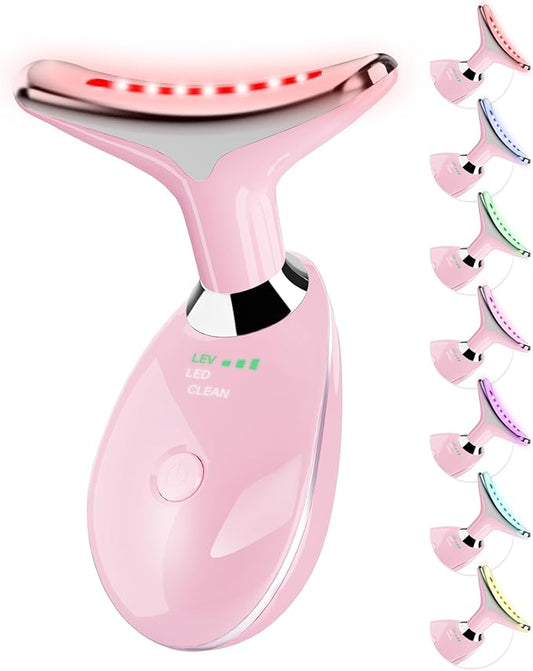 Neck&Face Massager with 7 Colors-Multi-Functional Skincare Tool,Home Beauty Device for Wrinkles&Relaxation (Pink)