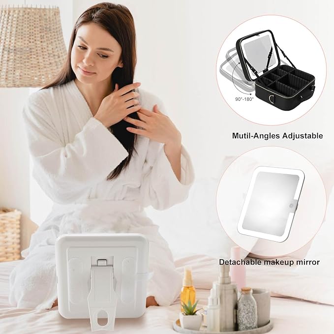 Mocado Travel Makeup Bag with LED Lighted Mirror,Travel Makeup Organizer,Makeup Case with 8 Makeup Brushes and 10x Magnifying Mirror,3 Colors Lighting, Adjustable Dividers Makeup Box(Black)