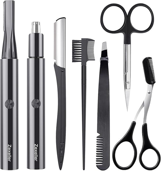 9-in-1 Precision Trimmer Kit: Eyebrow Trimmer,Electric Eyebrow Razor, Nose Trimmer, Grooming Scissors, Tweezers & Brush | All-in-One Grooming Tool