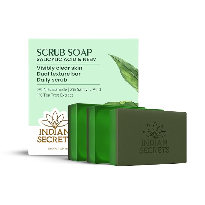 Scrub Soap with Salicylic Acid & Neem – Exfoliating Body & Face Soap – Enriched with Niacinamide, Tea Tree Extract, Neem, Salicylic Acid Pack of 3 (110g/3.88Oz each)