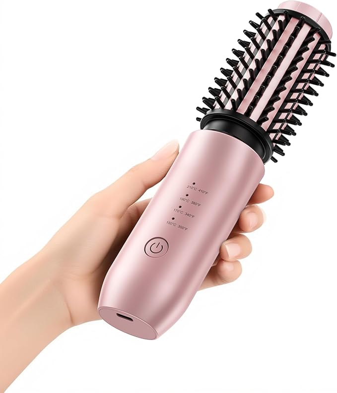 CARESKY® Cordless Curling Iron Brush, 1.5 Inch Mini Travel Hair Curler with 200 Million Negative Ions, Portable Heated Round Straightener Brush Rechargeable for Curl, Touch-Up, De-Frizz, Styling