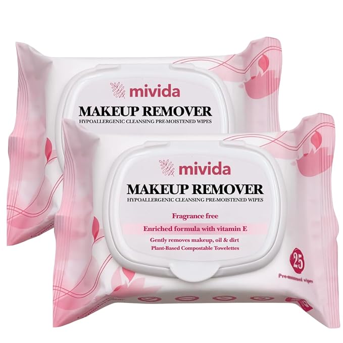 mivida Hypoallergenic Makeup Remover Wipes With Vitamin E, Alcohol Free & Fragrance Free Makeup Wipes For Sensitive Skin, Plant Based Make Up Remover, Travel Friendly 2 × 25 Count