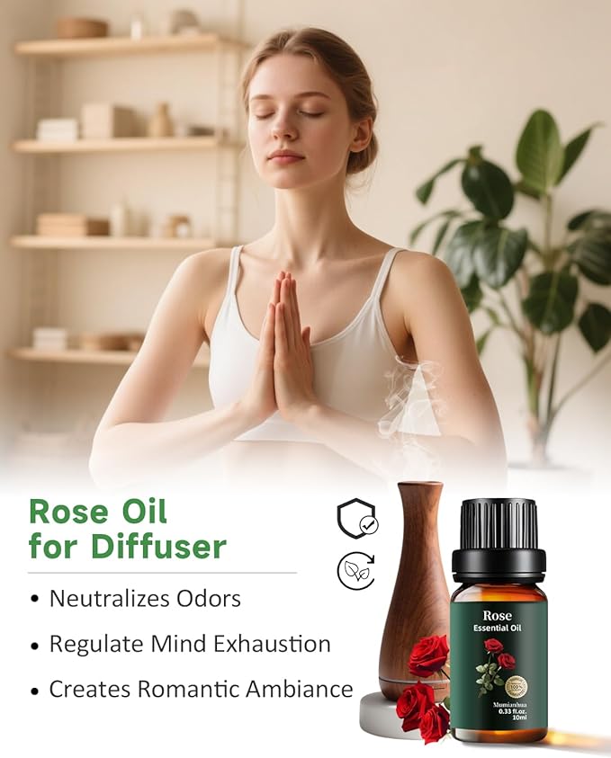 Rose Essential Oil, 100% Pure & Natural Aroma Oils for Aromatherapy Diffuser, Skin & Hair Care, Perfume, Soap & Candle Making, 0.33 Fl Oz / 10ml Mumianhua