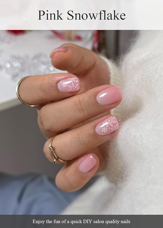 Semi Cured Gel Nail Strips (Pink Snowflake), 20 Pcs Christmas Gel Nail Wraps, Stickers, Salon Quality, Long Lasting, Works With Any UV Lamps